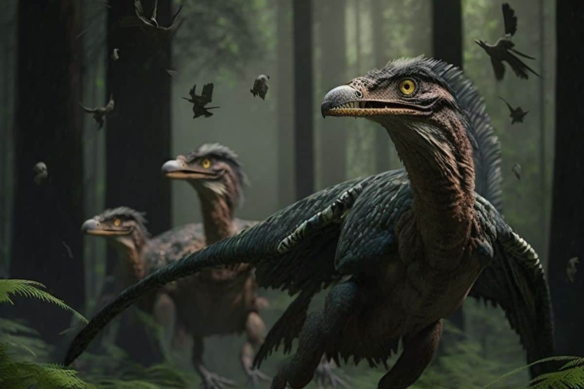 Three Velociraptors running through the woods.