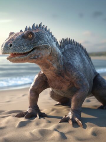 Micropachycephalosaurus on the sand next to the water.