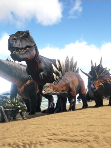 7 different dinosaurs on the beach.