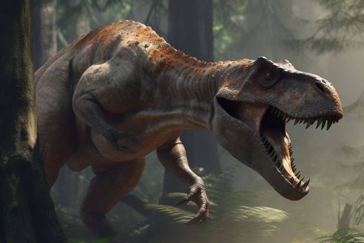 A Giganotosaurus in the woods hunting.
