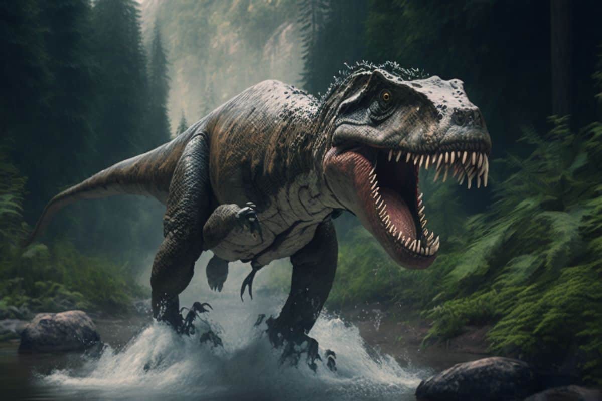 A big T .Rex walking down a stream.