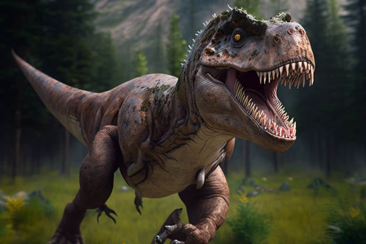 T .Rex in a field next to a forest.