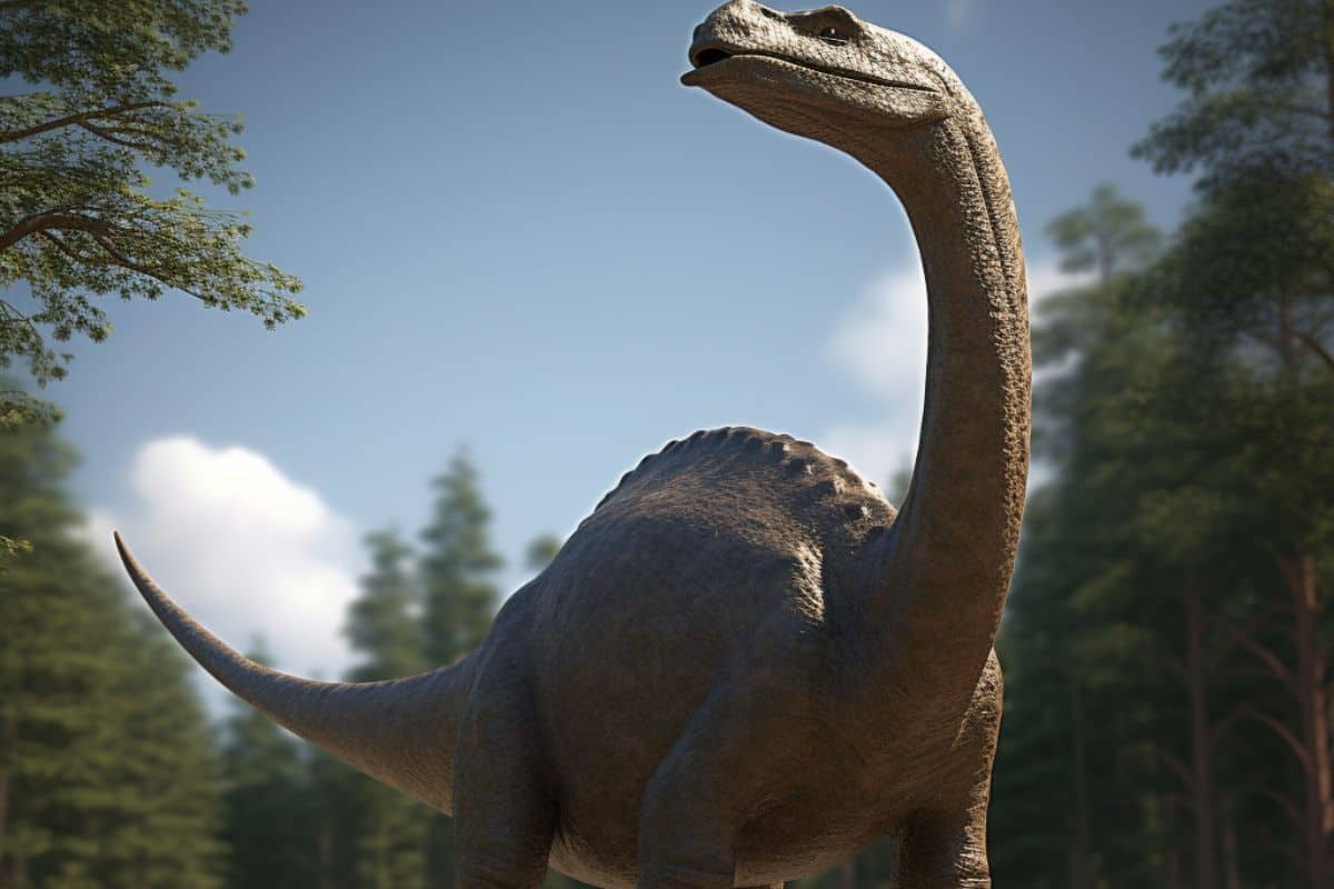 Diplodocus walking past some trees.